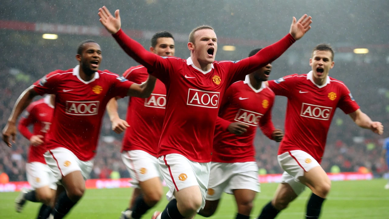 Игроки Манчестер Юнайтед празднуют гол на поле